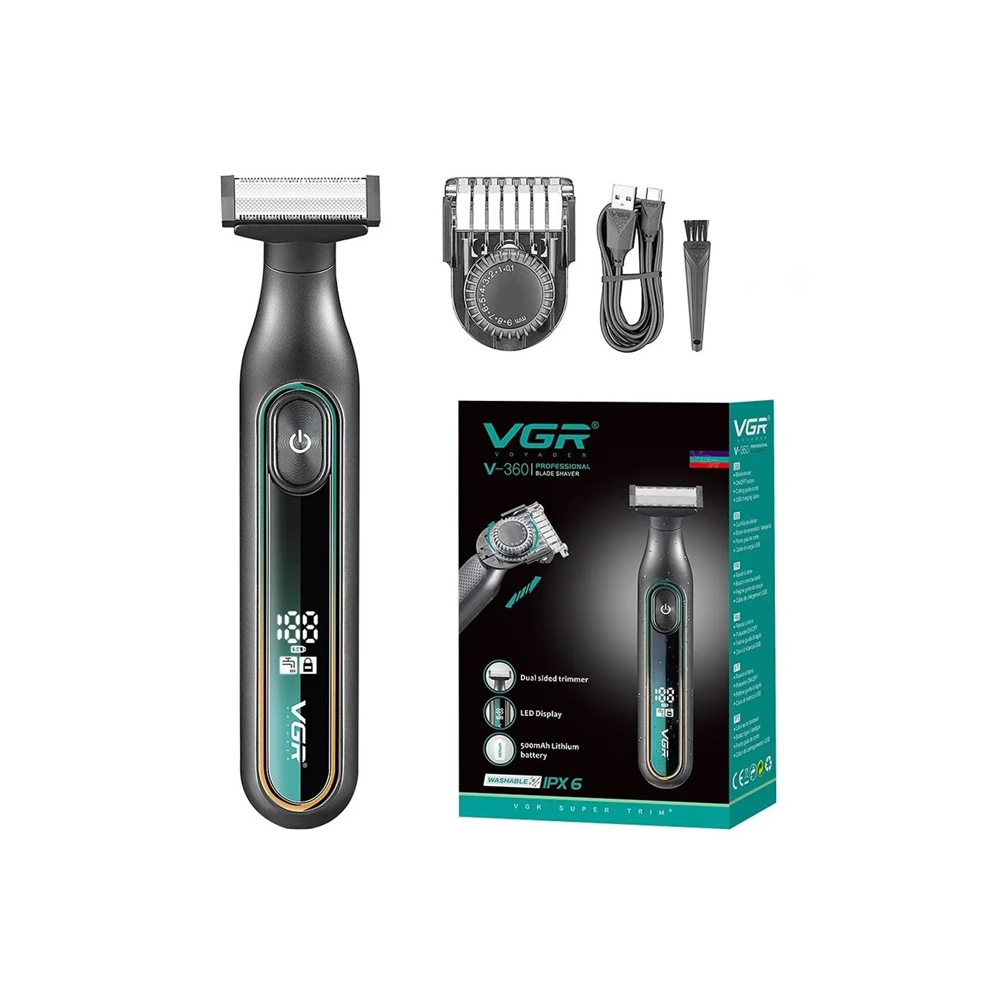 VGR V-360 elektrisk barbermaskin IPX6 vanntett oppladbar barberhøvel LED-skjerm
