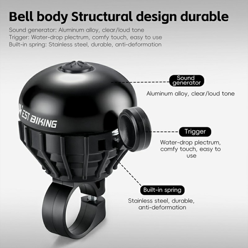 WEST BIKING Bicycle Bell Waterproof Stainless Steel High Decibel - Black