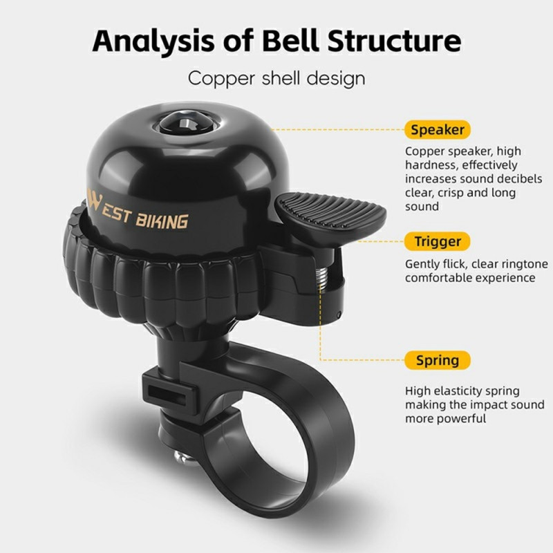 Bell WEST BIKING Vintage bicycle bell in copper waterproof Bicycle - Black