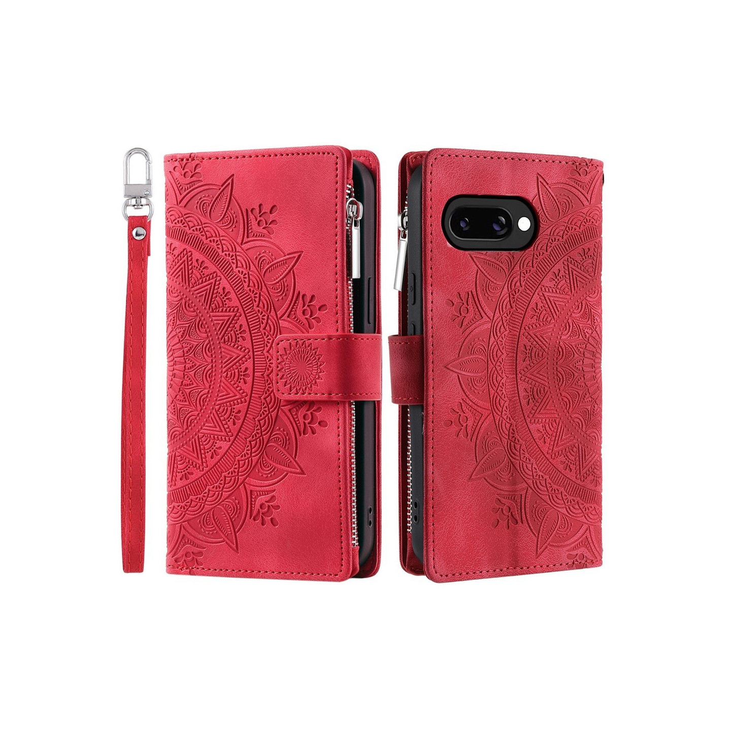 Til Google Pixel 10a Lommebokdeksel PU lær Mandala Blomstermønster- Rød