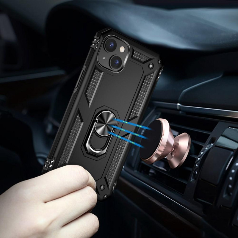 iPhone 14 Iskunkestävä TPU+PC Kickstand Puhelinkotelo Autoon kiinnitettävä metallilevy - musta