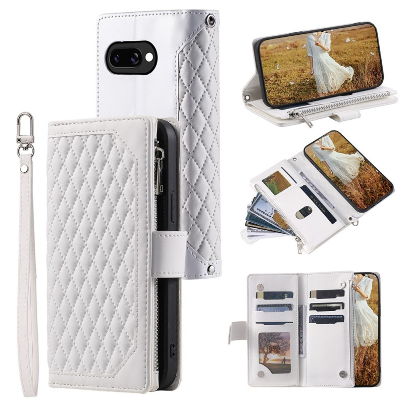 For Google Pixel 10a Wallet Case PU Leather Rhombus Pattern with Wrist Strap- White