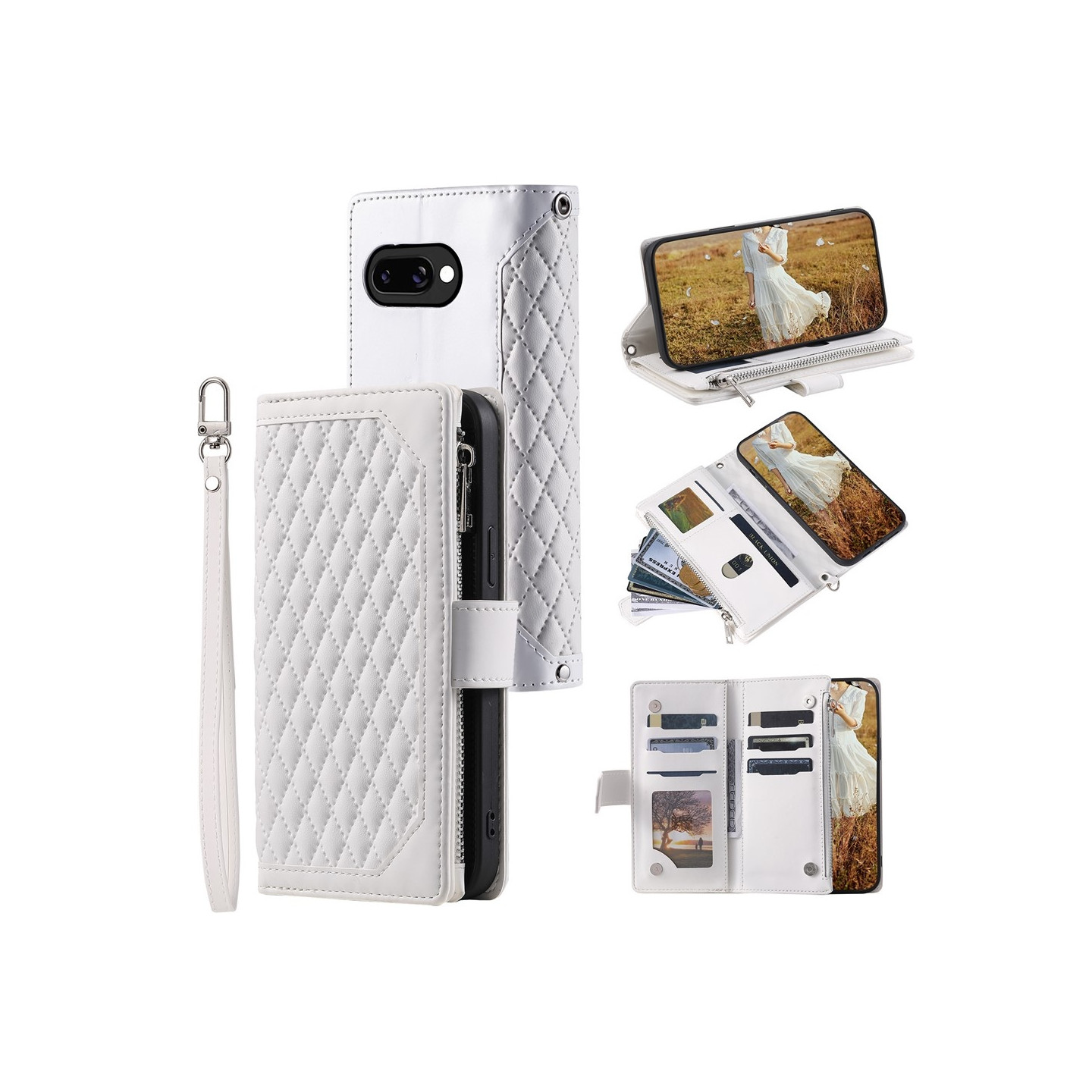 For Google Pixel 10a Wallet Case PU Leather Rhombus Pattern with Wrist Strap- White