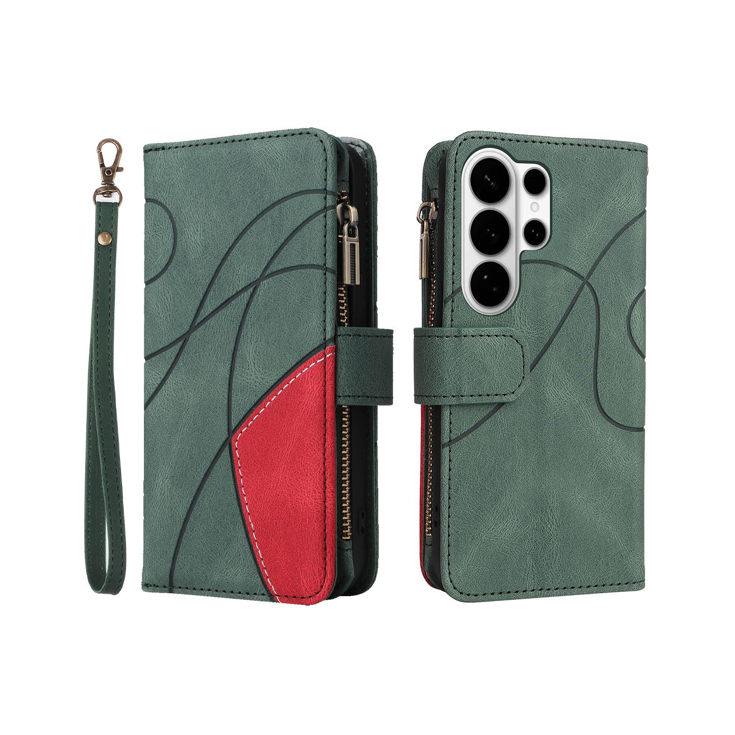 For Samsung Galaxy S26 Ultra Wallet Case with Zipper and Wrist Strap Stand - Green