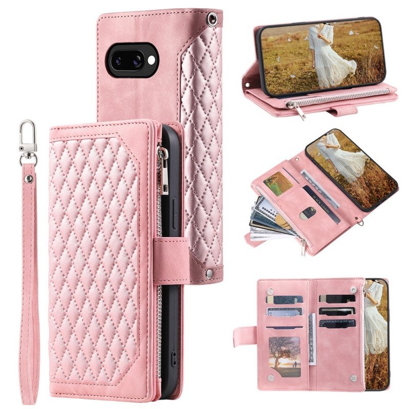 For Google Pixel 10a Wallet Case PU Leather Rhombus Pattern with Wrist Strap- Pink