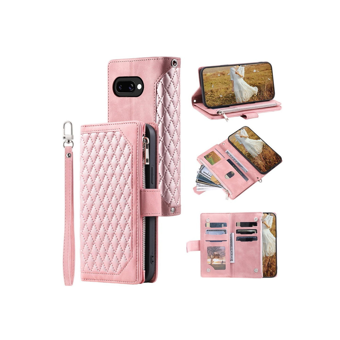 Til Google Pixel 10a Pungcover PU-læder Diamantmønster med Håndledsrem - Rosa