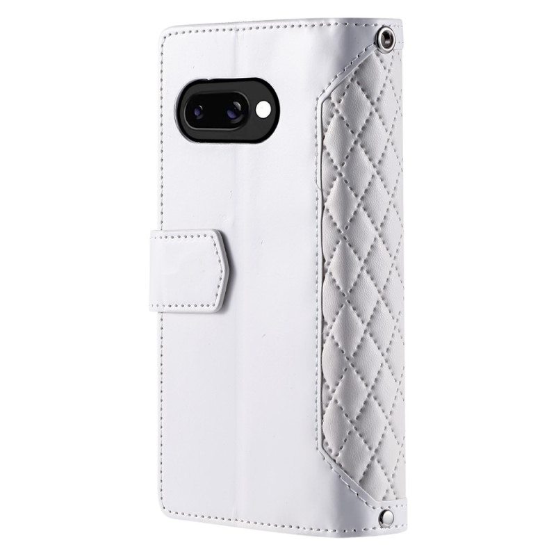 For Google Pixel 10a Wallet Case PU Leather Rhombus Pattern with Wrist Strap- White