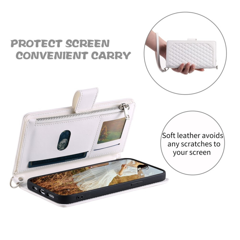 For Google Pixel 10a Wallet Case PU Leather Rhombus Pattern with Wrist Strap- White