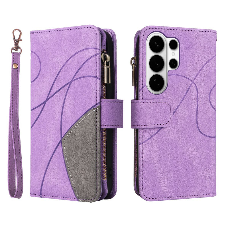 For Samsung Galaxy S26 Ultra Wallet Case with Zipper and Wrist Strap Stand - Purple