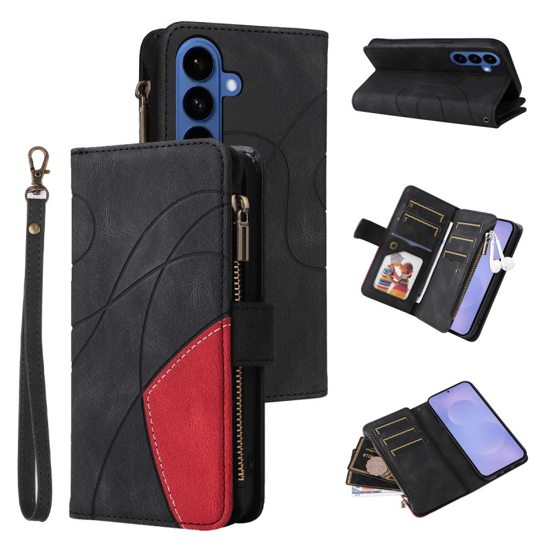 For Samsung Galaxy S26 Wallet Case with Zipper and Wrist Strap Stand - Black