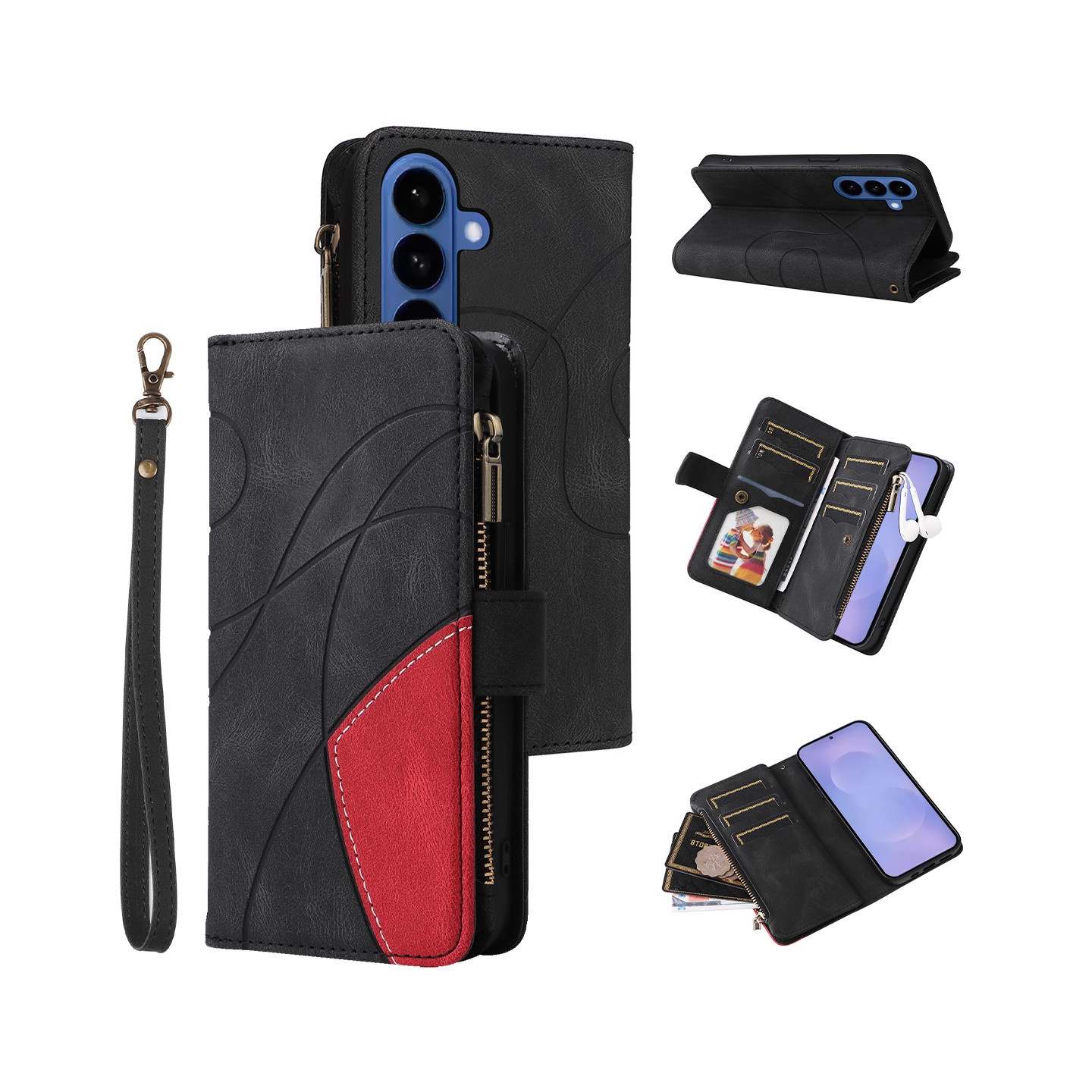 For Samsung Galaxy S26 Wallet Case with Zipper and Wrist Strap Stand - Black