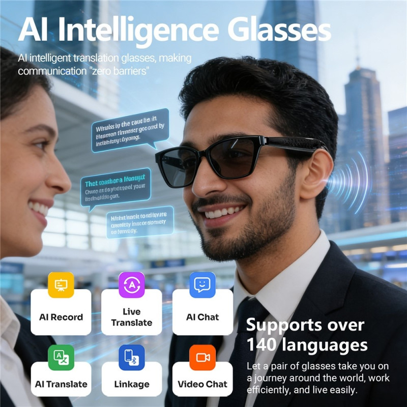 AI Smarte briller Lyd Håndfri Bluetooth-hovedtelefoner Intelligent oversættelse