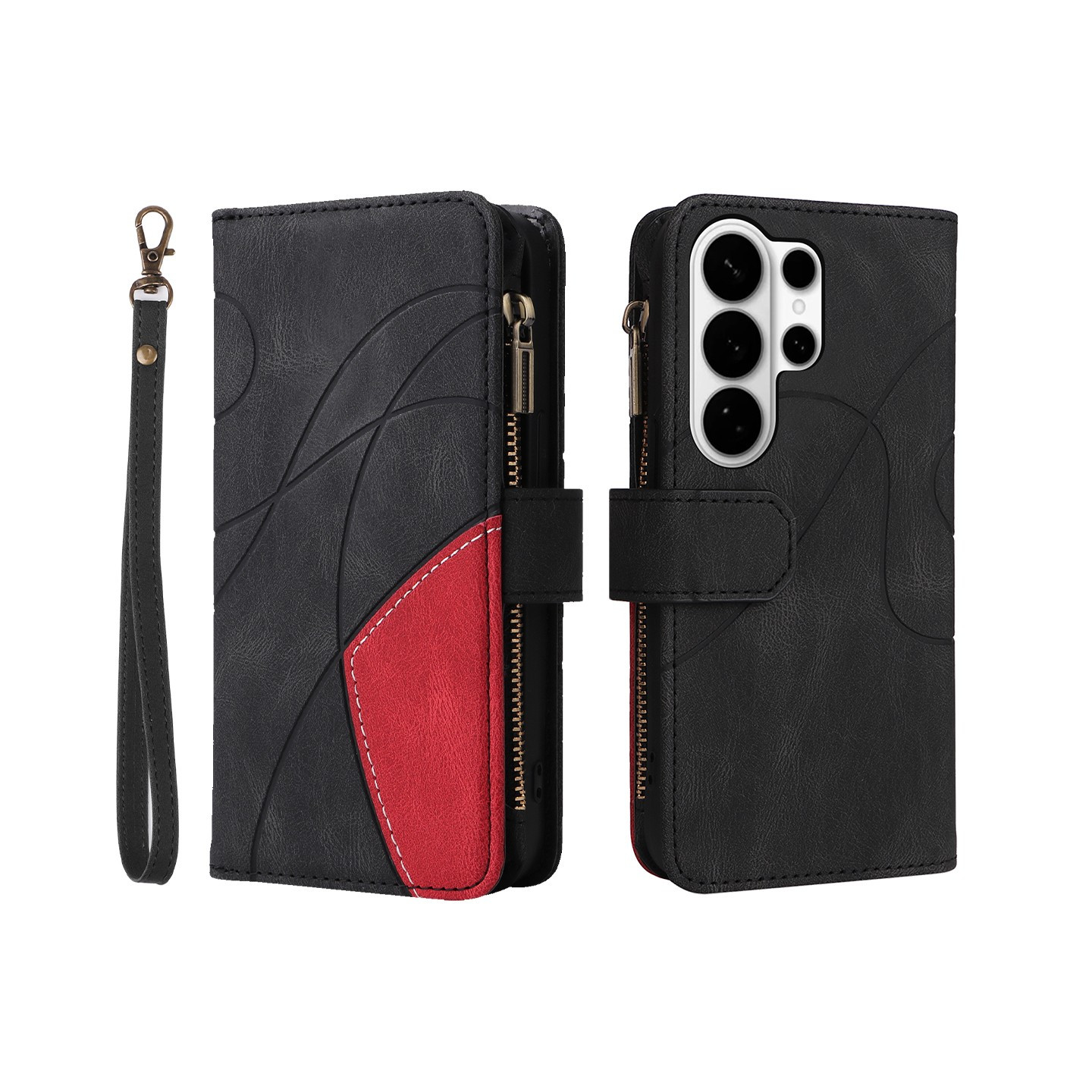 For Samsung Galaxy S26 Ultra Wallet Case with Zipper and Wrist Strap Stand - Black