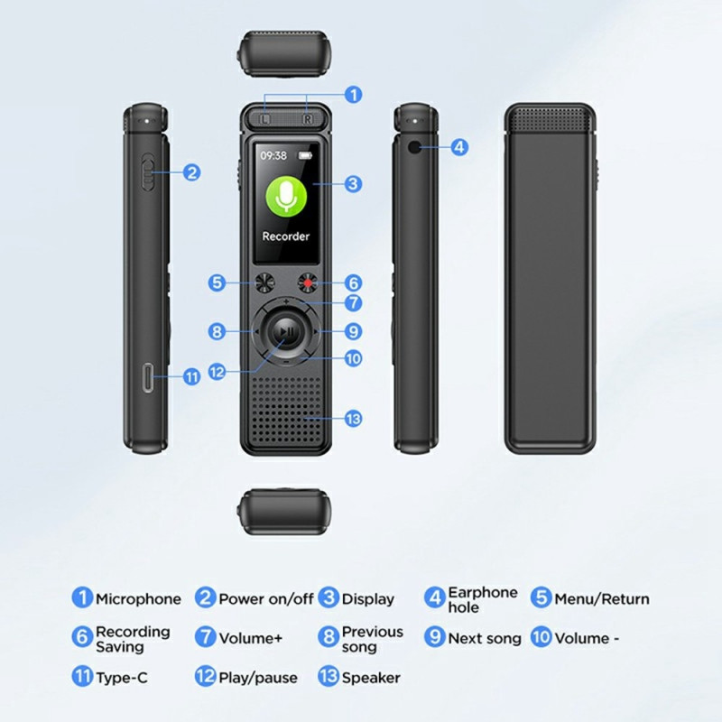 Voice Recorder A30 8GB AI Voice Recorder 360° Surround Noise Cancelling Recording Device