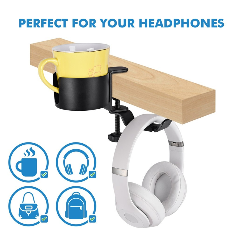 Clip-on Cup Holder Desk 360 Degree Rotatable Hanger Headphone Bag