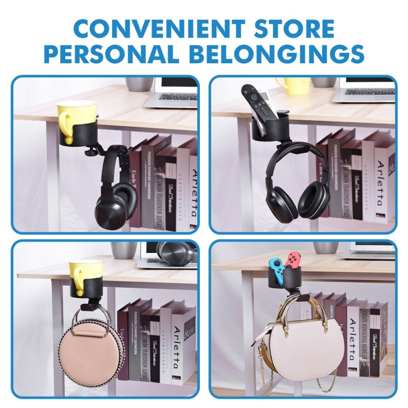 Clip-on Cup Holder Desk 360 Degree Rotatable Hanger Headphone Bag