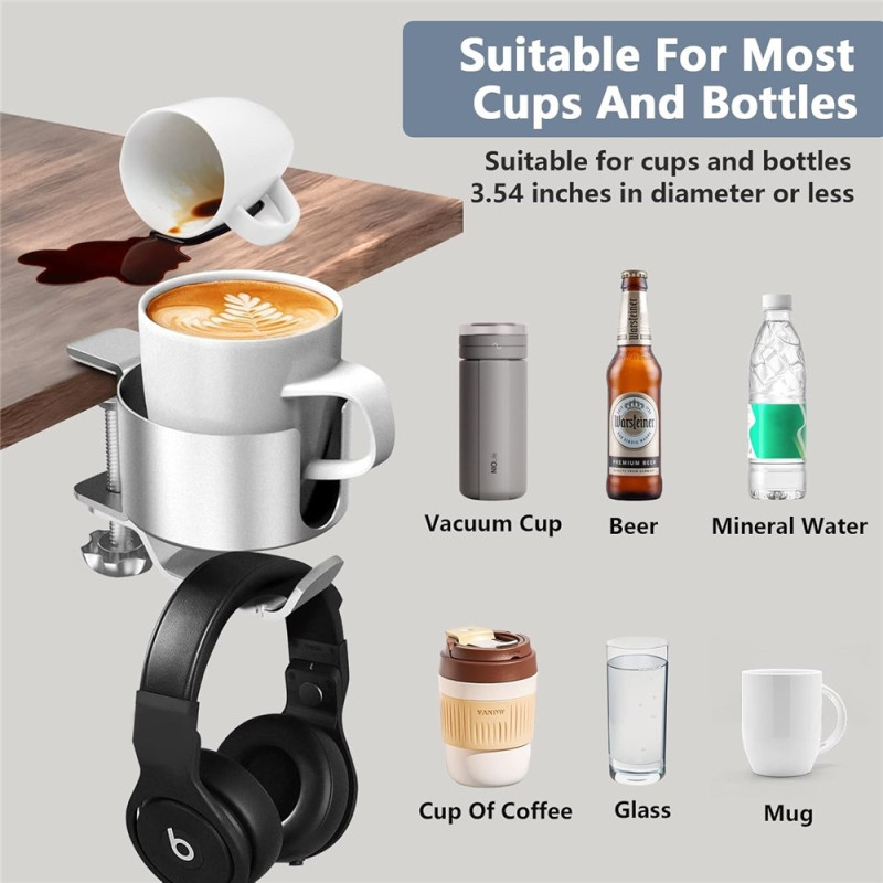 Clip-on Cup Holder Desk 360 Degree Rotatable Hanger Headphone Bag