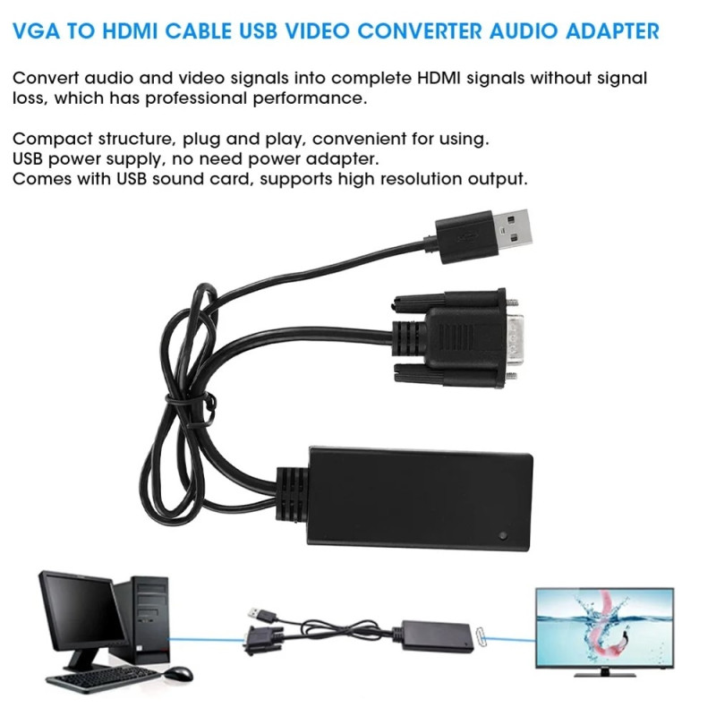 VGA + USB HD-muunnin HD-videosovitin ääni-USB-virtalähteellä