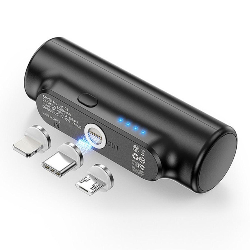 3000mAh bærbar strømbank USB - C/lyn/mikro USB