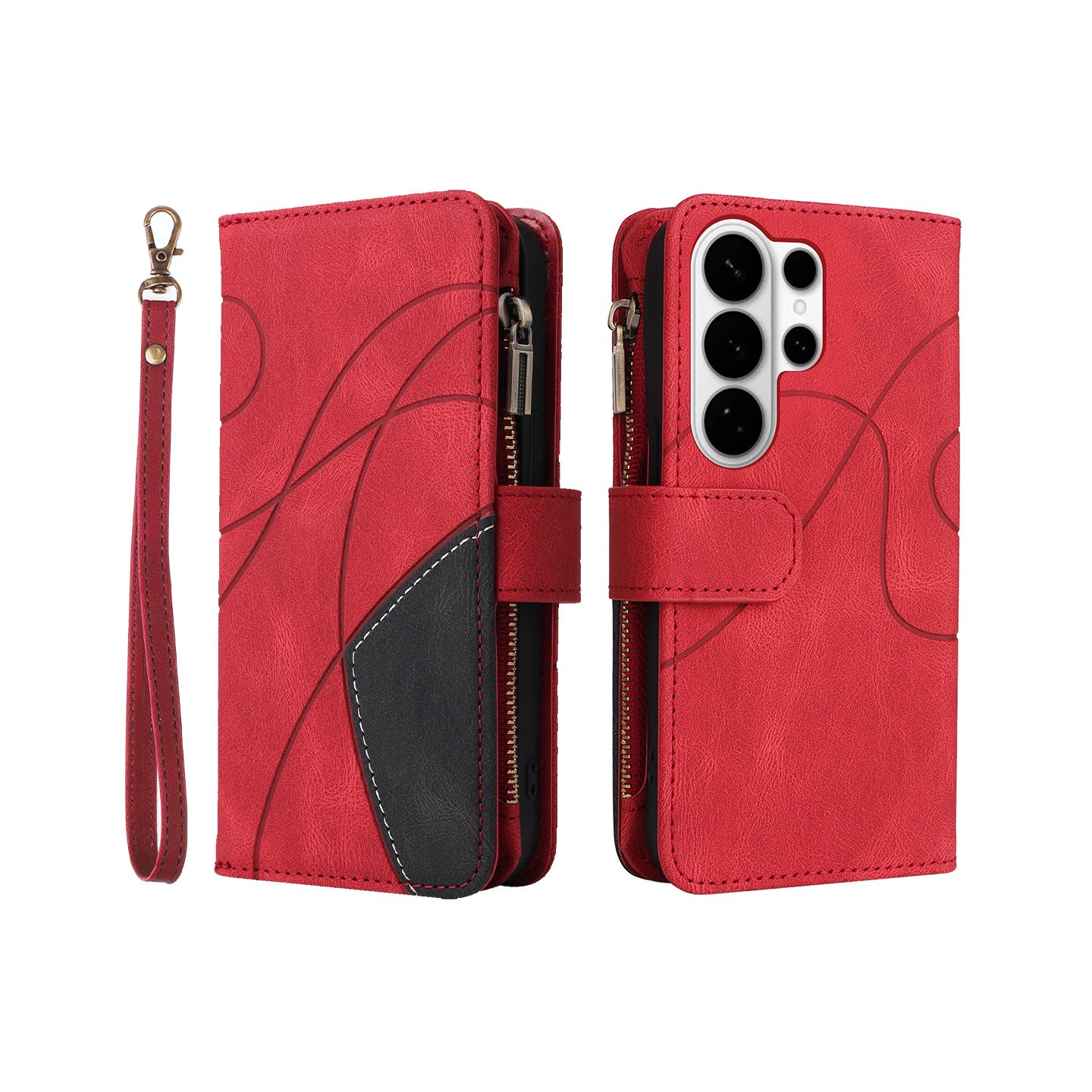 For Samsung Galaxy S26 Ultra Wallet Case with Zipper and Wrist Strap Stand - Red