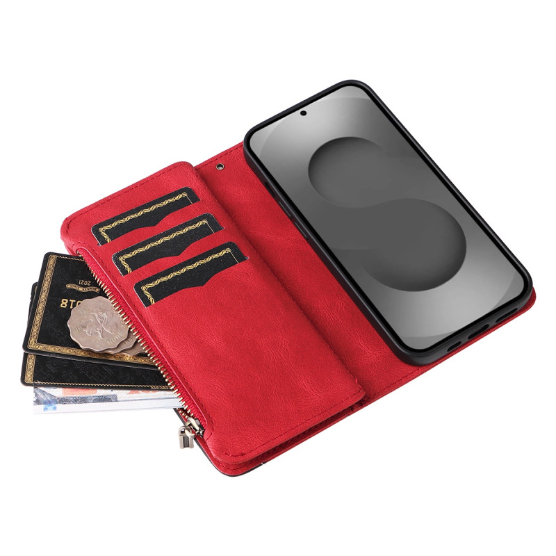 For Samsung Galaxy S26 Ultra Wallet Case with Zipper and Wrist Strap Stand - Red
