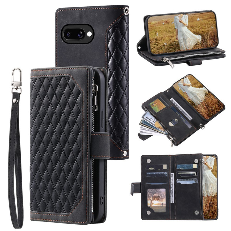 For Google Pixel 10a Wallet Case PU Leather Rhombus Pattern with Wrist Strap- Black
