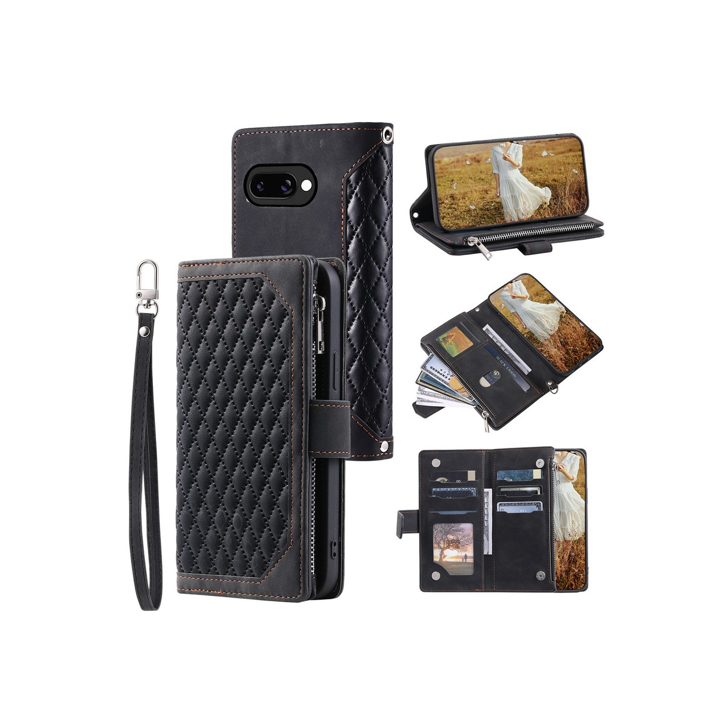 For Google Pixel 10a Wallet Case PU Leather Rhombus Pattern with Wrist Strap- Black