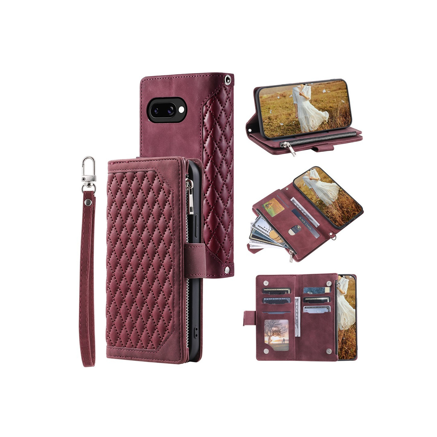 For Google Pixel 10a Wallet Case PU Leather Rhombus Pattern with Wrist Strap- Red