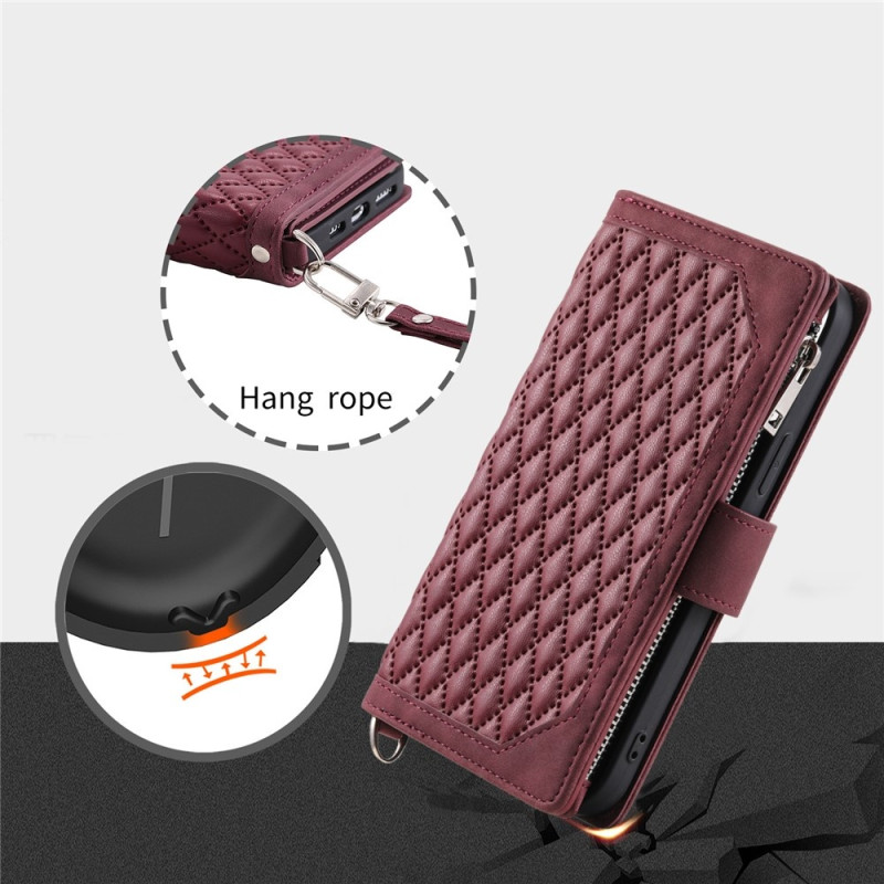 For Google Pixel 10a Wallet Case PU Leather Rhombus Pattern with Wrist Strap- Red