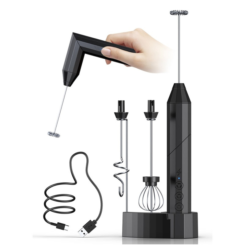 Milk Frother Electric Milk Frother Stainless Steel Whisk with 3 Replaceable Heads - Black
