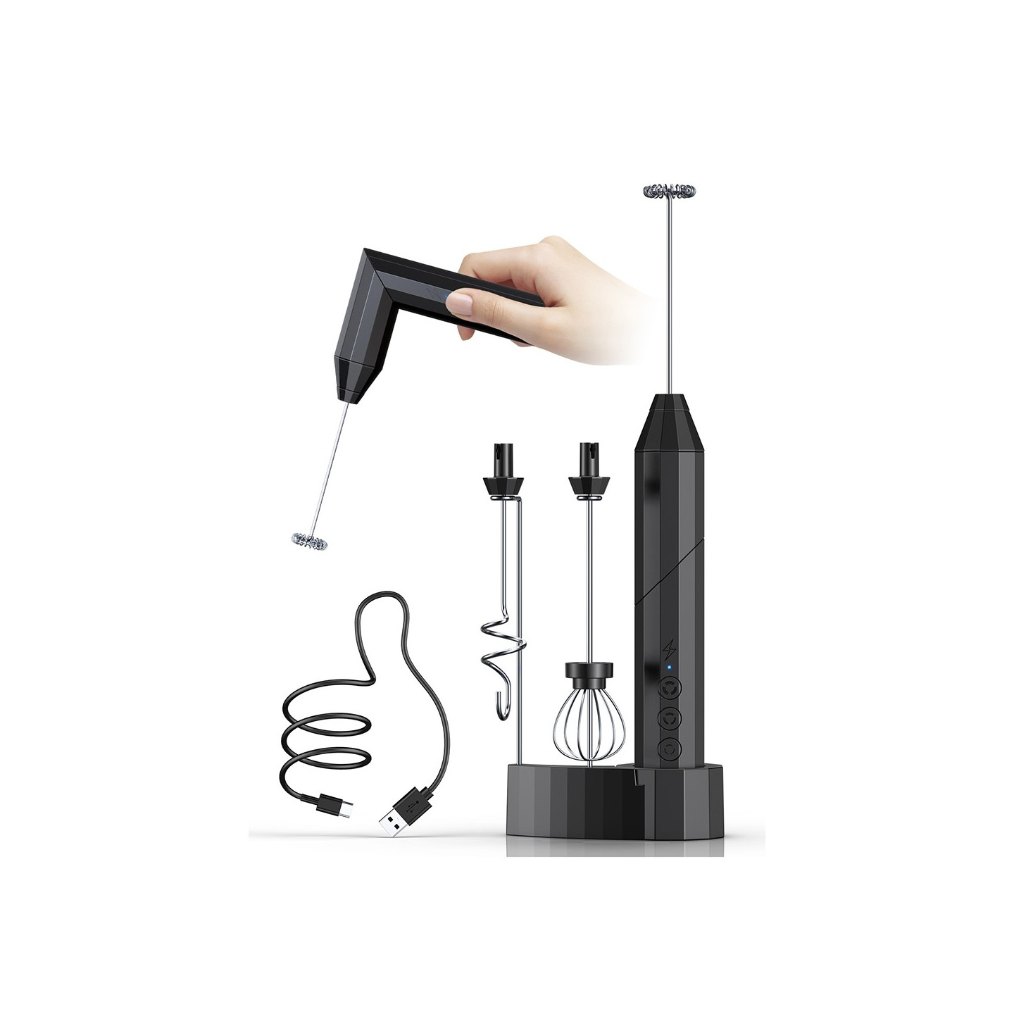 Milk Frother Electric Milk Frother Stainless Steel Whisk with 3 Replaceable Heads - Black