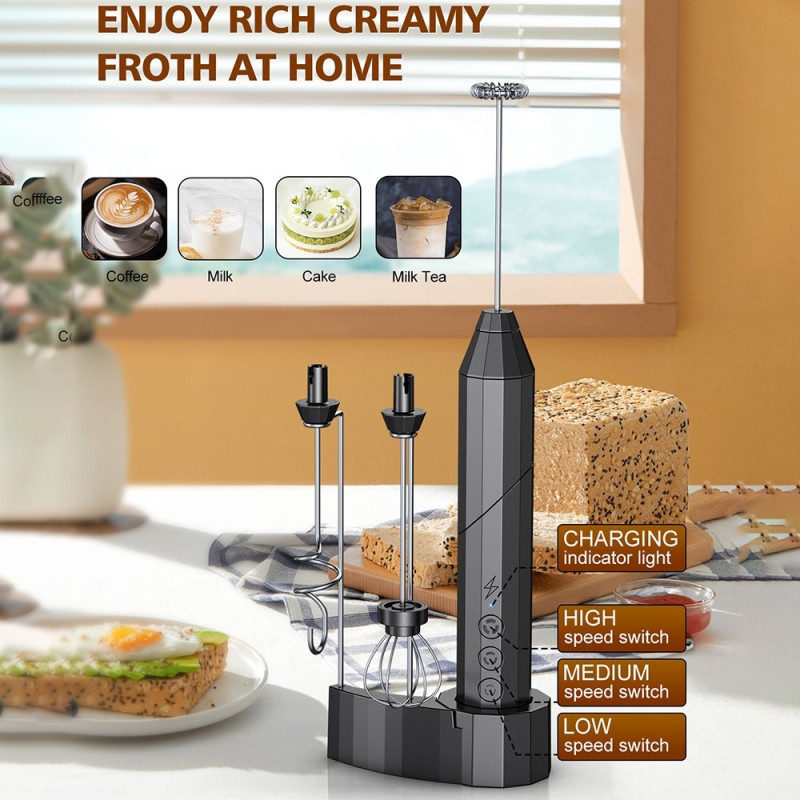 Milk Frother Electric Milk Frother Stainless Steel Whisk with 3 Replaceable Heads - Black