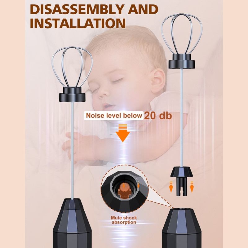 Milk Frother Electric Milk Frother Stainless Steel Whisk with 3 Replaceable Heads - Black