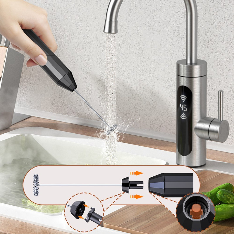 Milk Frother Electric Milk Frother Stainless Steel Whisk with 3 Replaceable Heads - Black