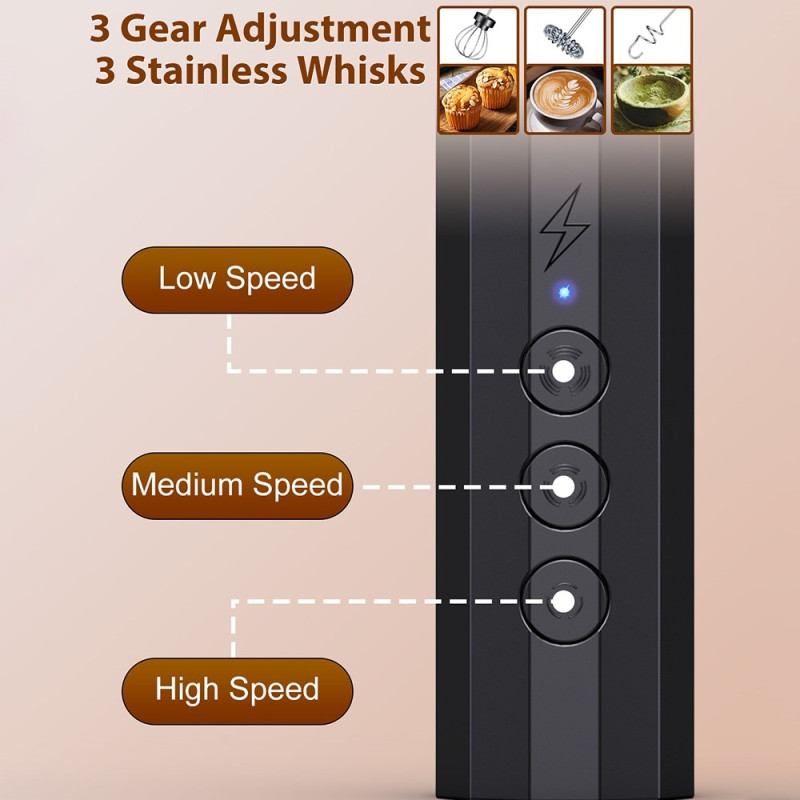 Milk Frother Electric Milk Frother Stainless Steel Whisk with 3 Replaceable Heads - Black