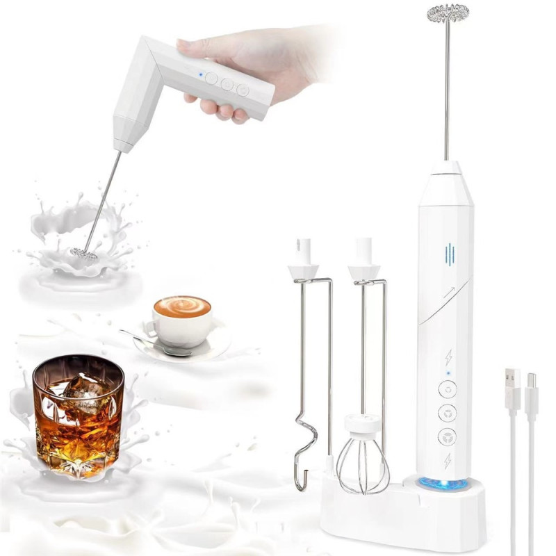 Milk Frother Electric Milk Frother Stainless Steel Whisk with 3 Replaceable Heads - White