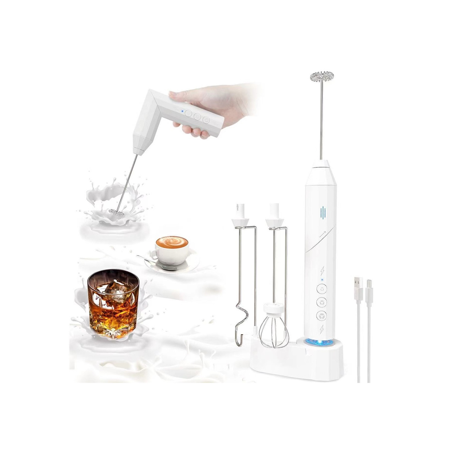 Milk Frother Electric Milk Frother Stainless Steel Whisk with 3 Replaceable Heads - White