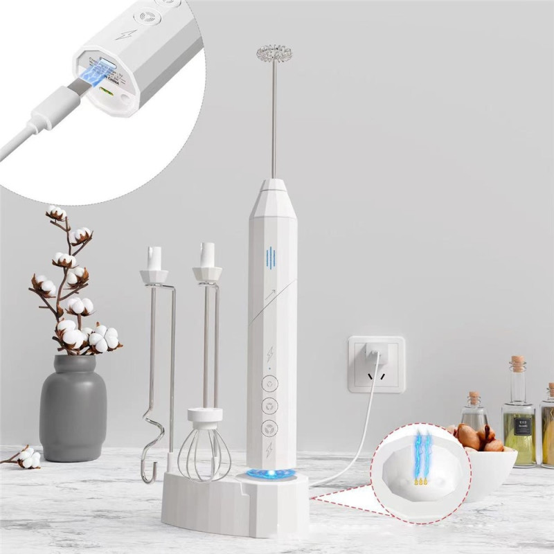 Milk Frother Electric Milk Frother Stainless Steel Whisk with 3 Replaceable Heads - White