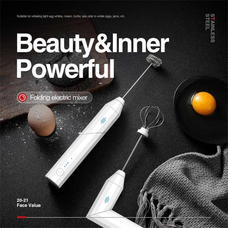 Milk Frother Electric Milk Frother Stainless Steel Whisk with 3 Replaceable Heads - White