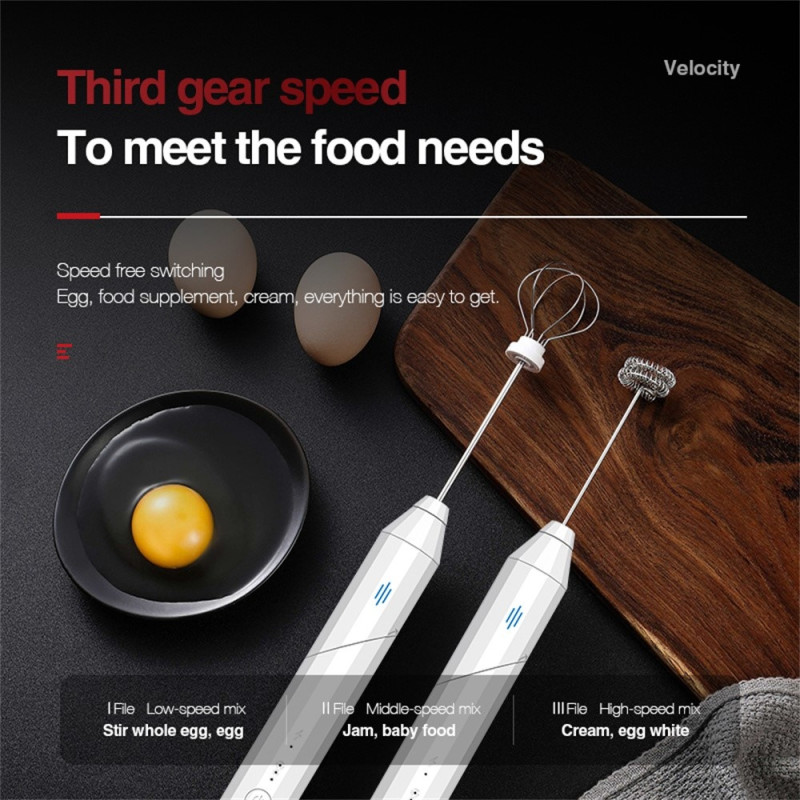 Milk Frother Electric Milk Frother Stainless Steel Whisk with 3 Replaceable Heads - White