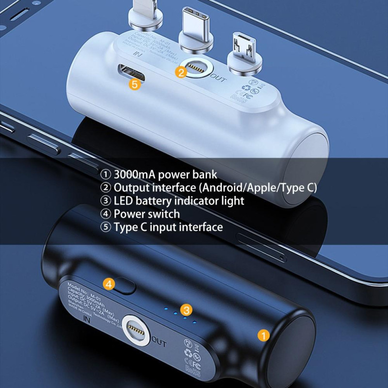 3000mAh bærbar strømbank USB - C/lyn/mikro USB