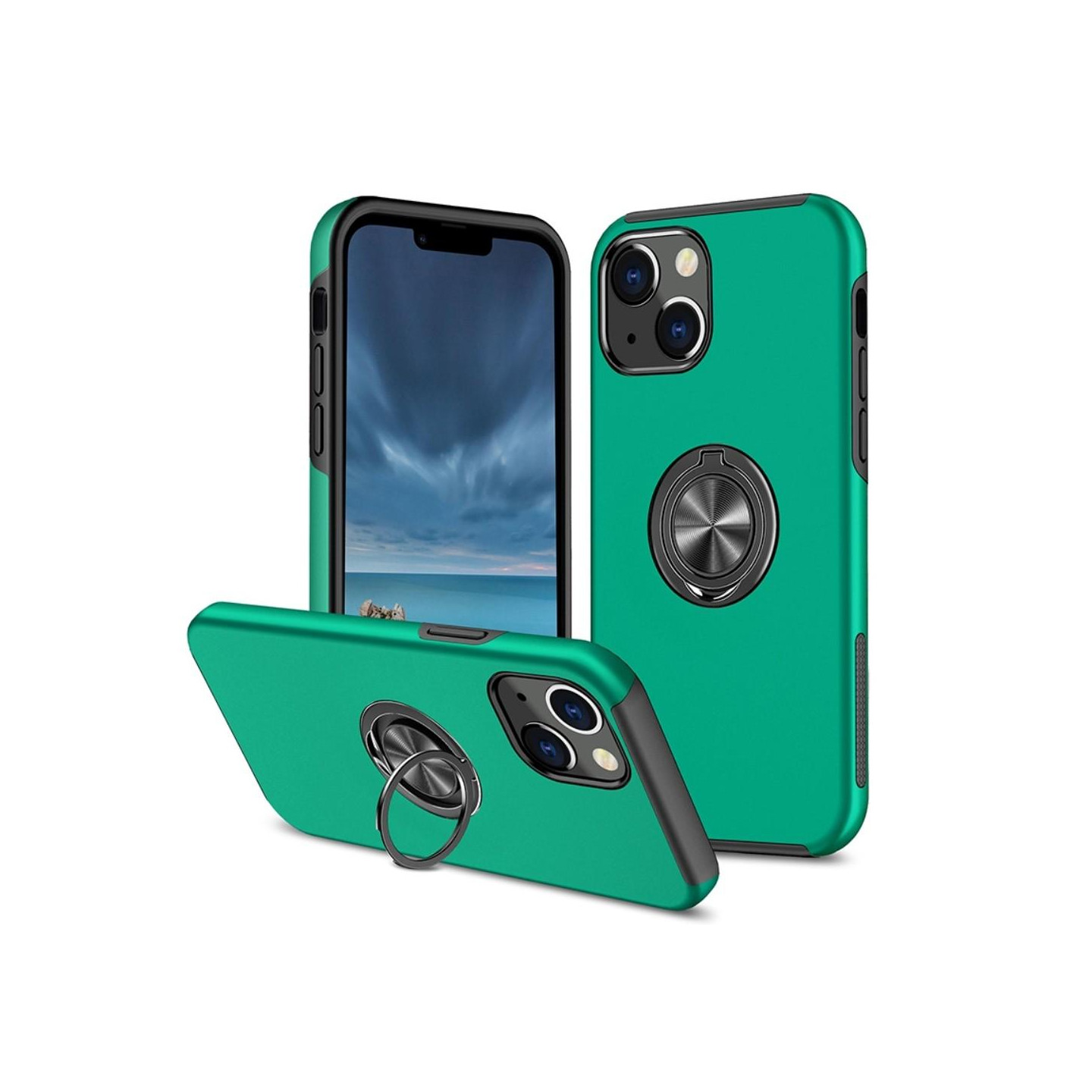 iPhone 14 Plus Finger Ring Kickstand Hybrid Case - Green