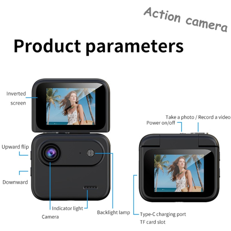 Kamera 2.0" Actionkamera Sammenleggbar skjerm Foto Videoopptak Sportskamera