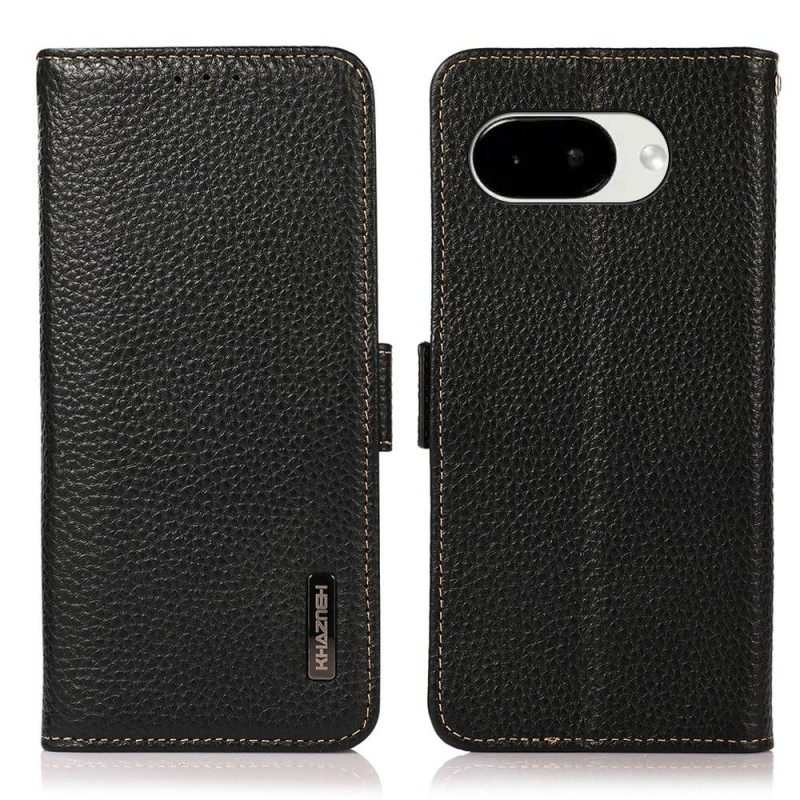 KHAZNEH For Google Pixel 10a Phone Case RFID Blocking Genuine Cow Leather Flip Cover - Black