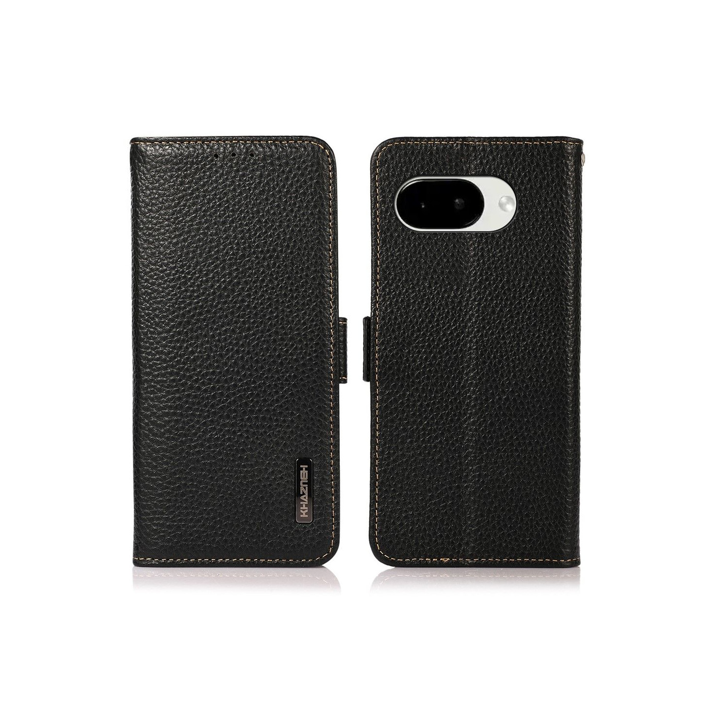 KHAZNEH Til Google Pixel 10a Telefonetui i Ægte Koskind Flip Cover - Sort