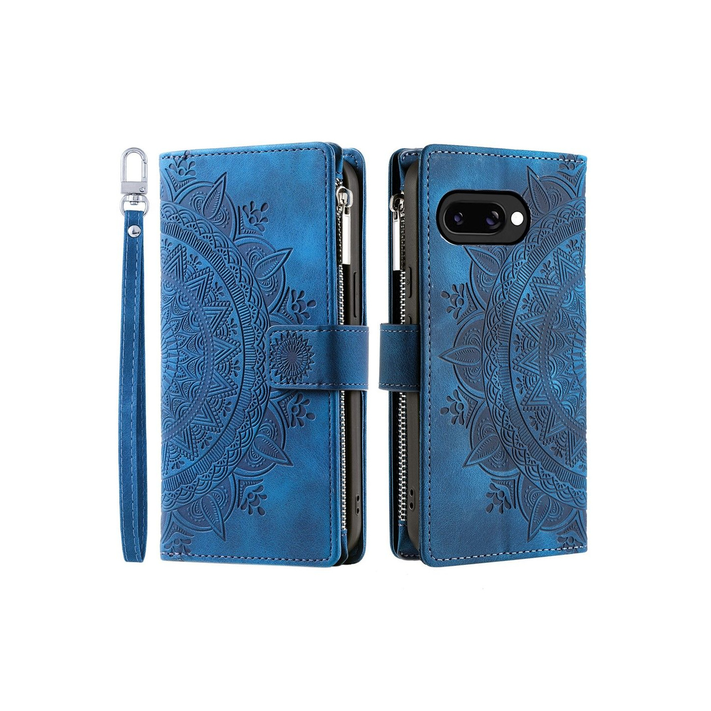 For Google Pixel 10a Wallet Case PU Leather Mandala Flower Pattern - Blue
