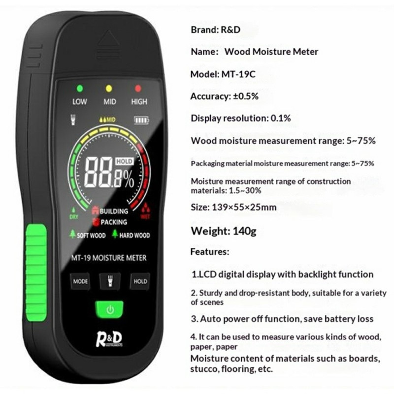 R&D MT-19C kosteusmittari digitaalinen LCD-kosteusilmaisin kosteus puu paperi rakennusmateriaalit