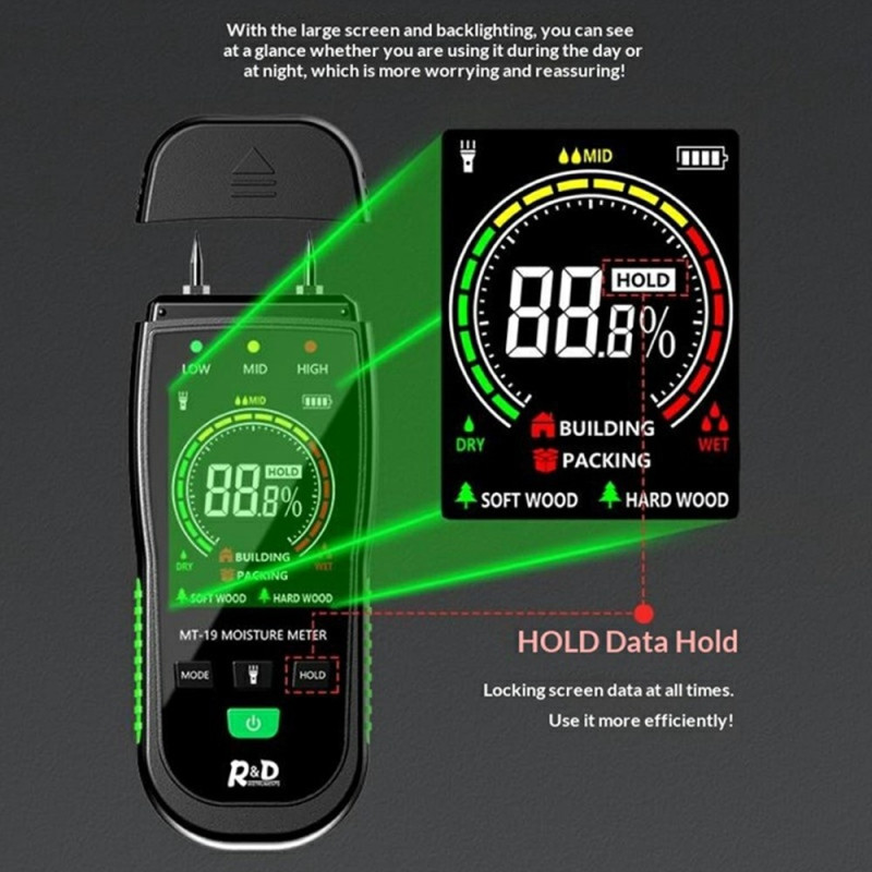R&D MT-19C Fuktighetsmåler Digital LCD Fuktighetsdetektor Fuktighet Tre Papir Byggematerialer