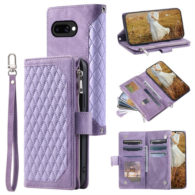 For Google Pixel 10a Wallet Case PU Leather Rhombus Pattern with Wrist Strap - Purple