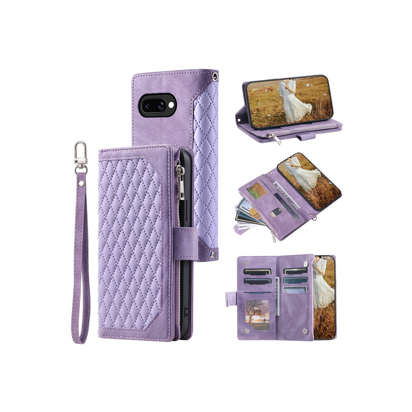 For Google Pixel 10a Wallet Case PU Leather Rhombus Pattern with Wrist Strap - Purple
